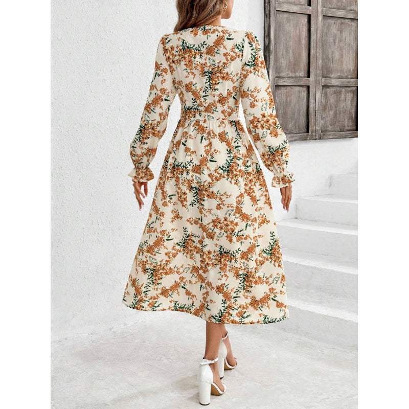 Damen Maxi-Kleid mit floralen Mustern und langem Arm R&B
