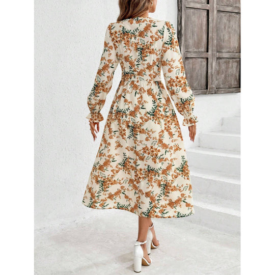 Damen Maxi-Kleid mit floralen Mustern und langem Arm R&B