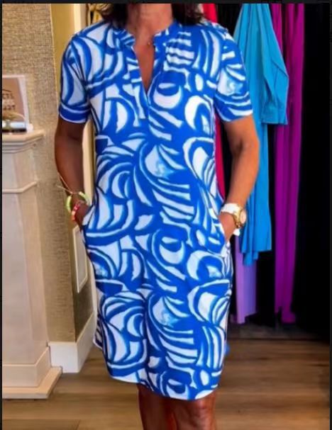 Damen Kurzarm Hemdkleid mit modernen grafischen Mustern und praktischen Eingrifftaschen R&B