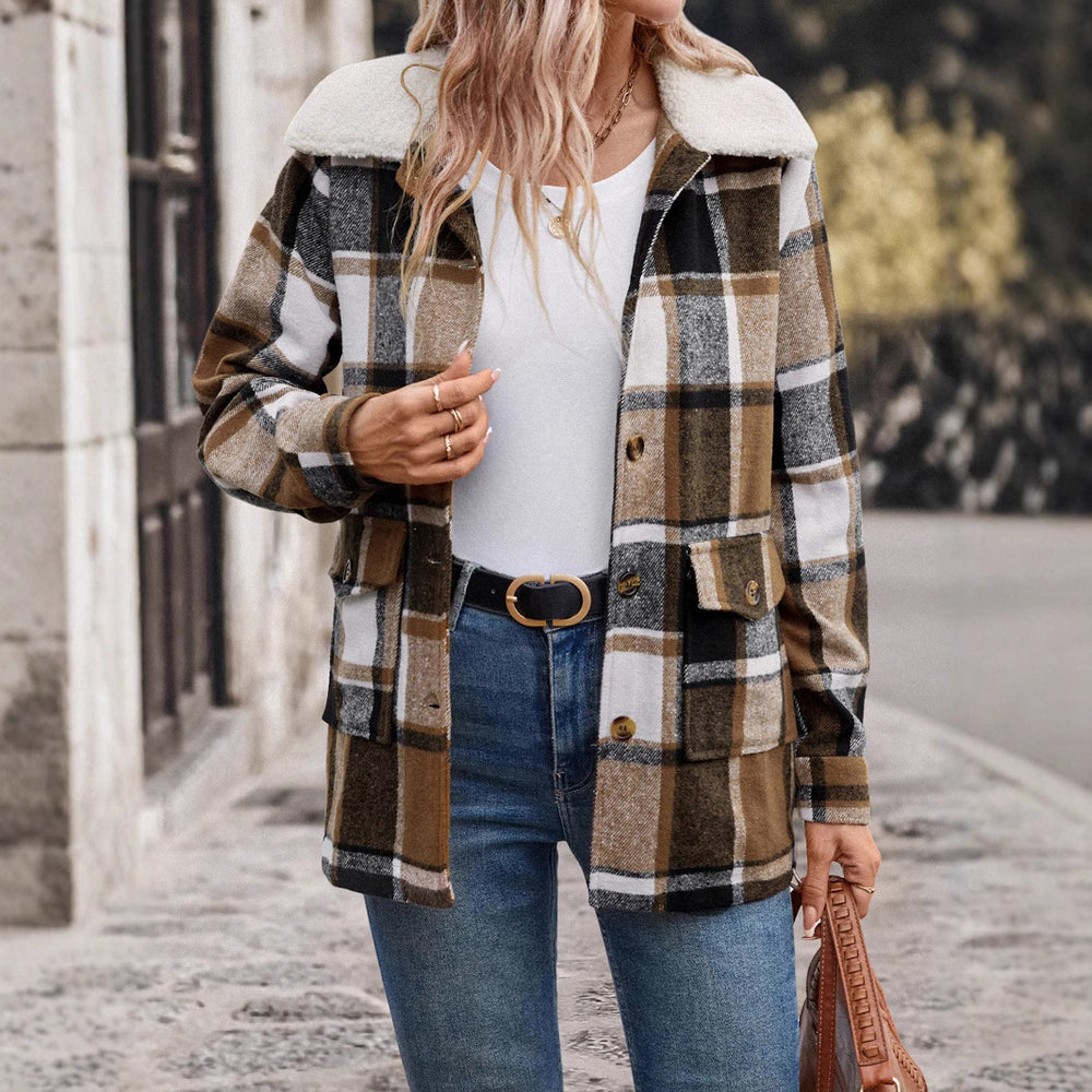 Damen lässige Karojacke mit weichem Innenfutter und praktischen Taschen R&B