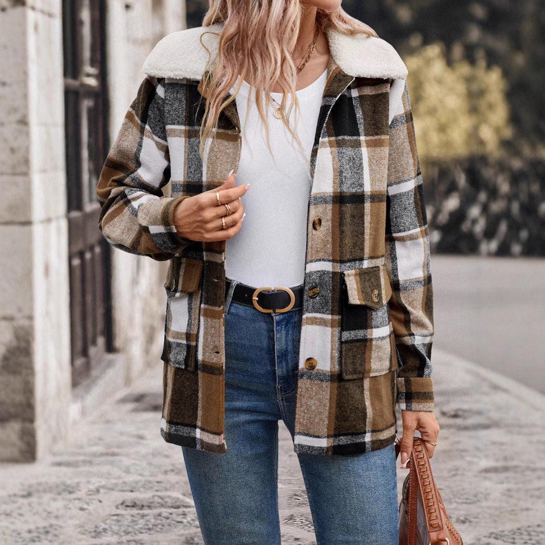 Damen lässige Karojacke mit weichem Innenfutter und praktischen Taschen R&B
