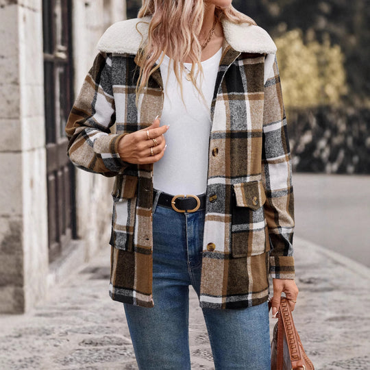 Damen lässige Karojacke mit weichem Innenfutter und praktischen Taschen R&B