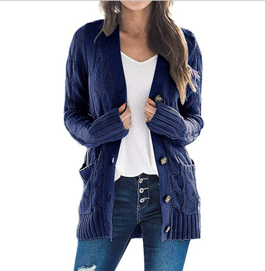 Damen Strickjacke mit Kabelmustern und großen Knöpfen R&B
