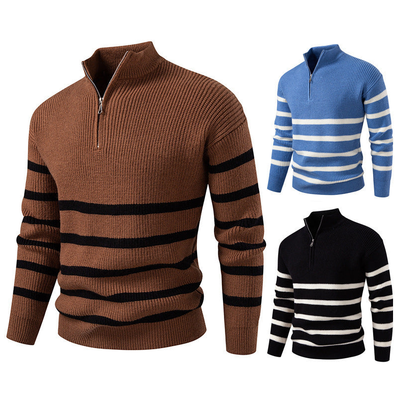 Herren Strickpullover mit halbem Reißverschluss und modernem Streifen-Design