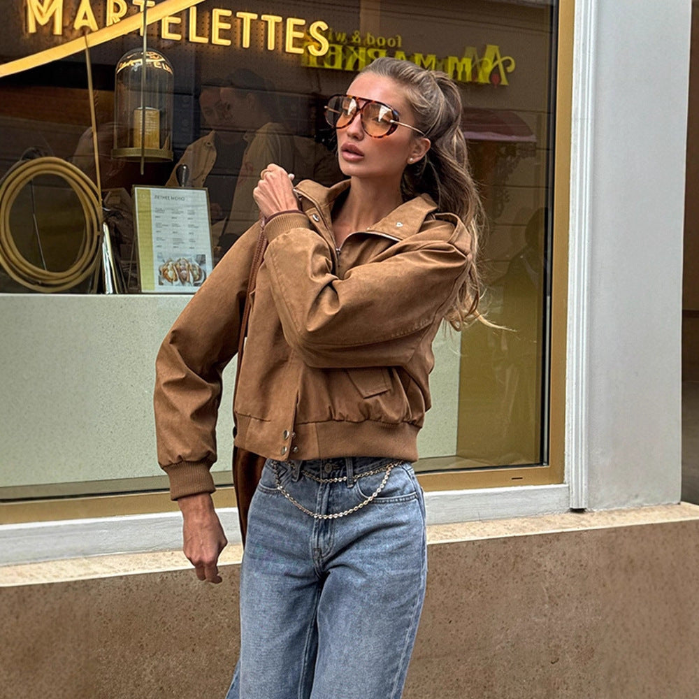Damen lässige Kurzjacke mit voluminösen Ärmeln und Reißverschluss R&B