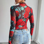 Damen nan figurbetontes Netz-Langarmshirt mit Rosenmotiv, Stehkragen und Wellensaum R&B