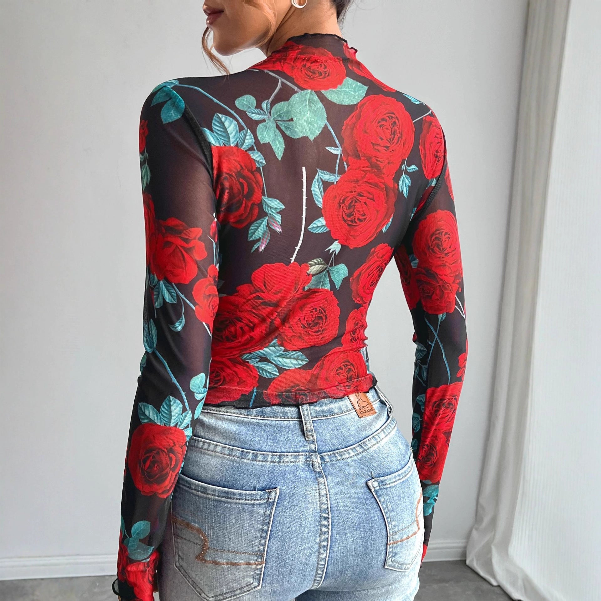 Damen nan figurbetontes Netz-Langarmshirt mit Rosenmotiv, Stehkragen und Wellensaum R&B
