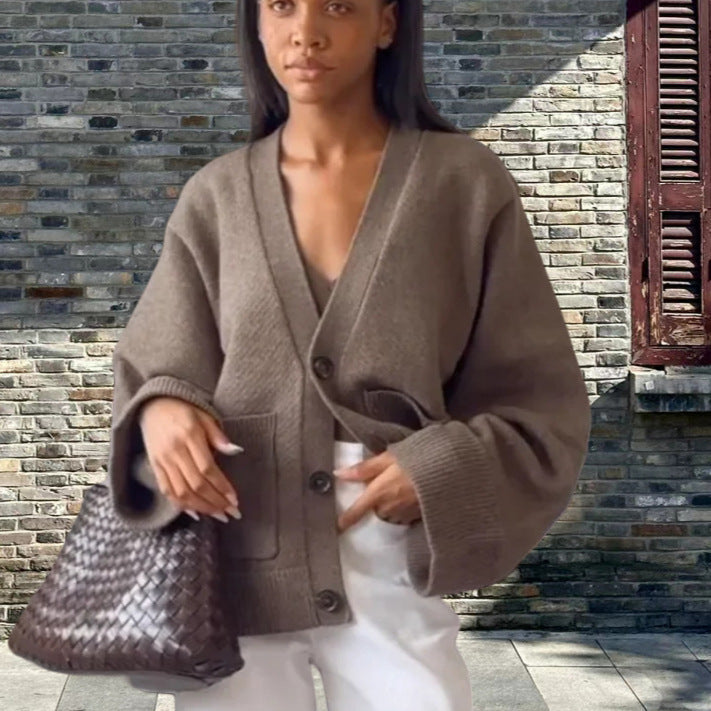 Damen Lässiger Strickjacke mit großen Taschen und offenem Schnitt R&B