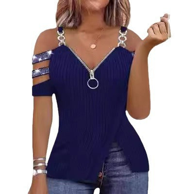 Damen Trendy Off-Shoulder Top mit Reißverschluss und Designer-Riemen R&B