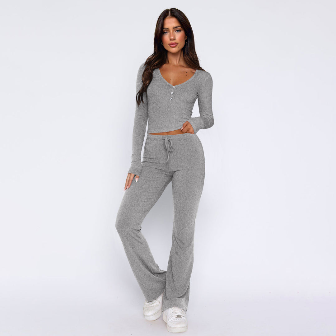 Damen bequemes Oberteil mit Knopfleiste und lockerer Hose R&B