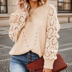 Damen Strickpullover mit romantischem Lochmuster und weiten Ärmeln R&B