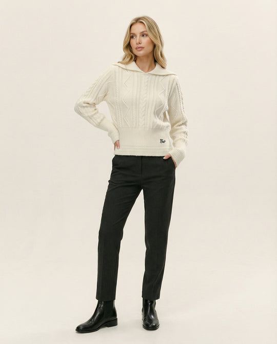 Weißer Winter Damen Strickpullover Warmer Weicher Reverskragen Strick