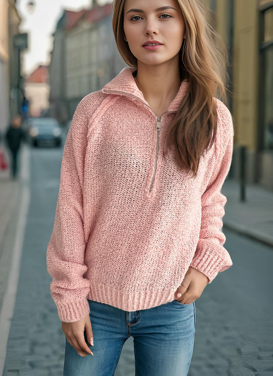 Damen lässiger Zip-Pullover mit oversized Schnitt und hohem Kragen R&B