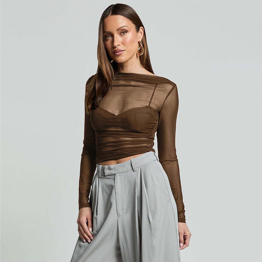 Damen Elegantes Langarmoberteil mit transparentem Mesh und Raffung R&B