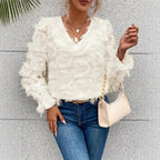 Damen luxuriöse Rüschenbluse mit V-Ausschnitt und feinen Details R&B