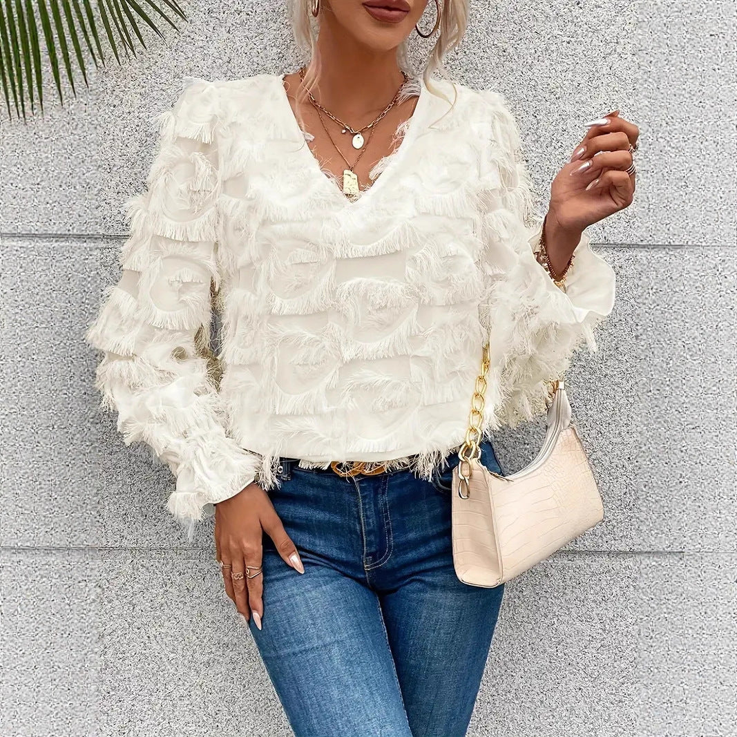 Damen luxuriöse Rüschenbluse mit V-Ausschnitt und feinen Details R&B