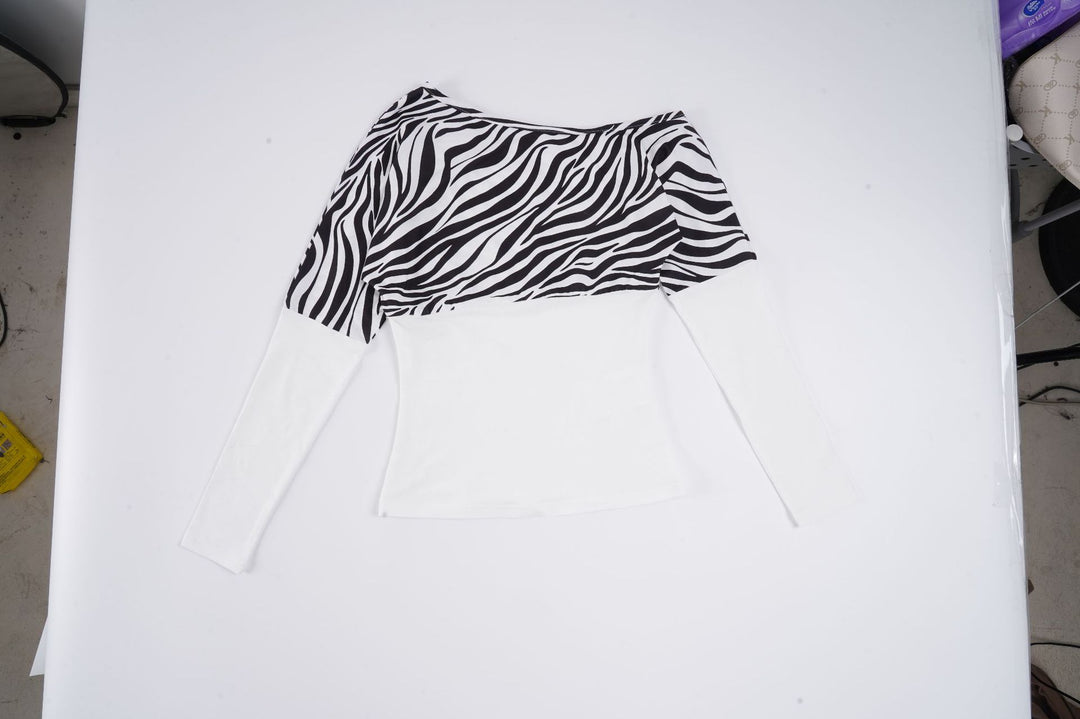 Damen Off-Shoulder Oberteil mit Zebra-Muster und langen Ärmeln R&B