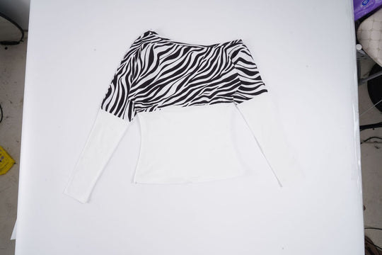 Damen Off-Shoulder Oberteil mit Zebra-Muster und langen Ärmeln R&B