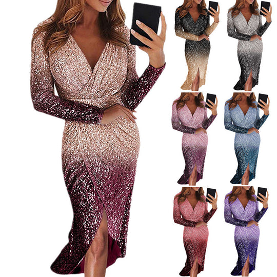 Damen Elegantes Wickelkleid mit schimmerndem Pailletten-Design und langen Ärmeln R&B