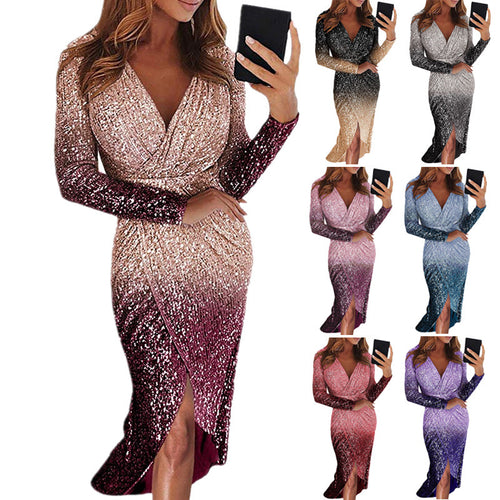 Damen Elegantes Wickelkleid mit schimmerndem Pailletten-Design und langen Ärmeln R&B