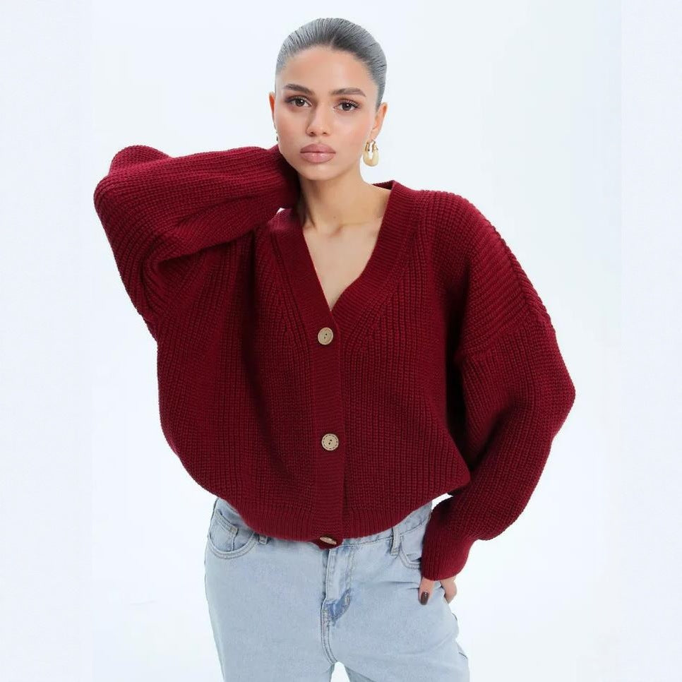 Damen lässiger Strickjacke mit voluminösen Ärmeln und modernen Knopfdetails R&B