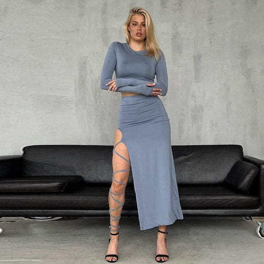 Damen Elegantes Crop-Top mit asymmetrischem Rock und raffiniertem Bein-Schlitz R&B
