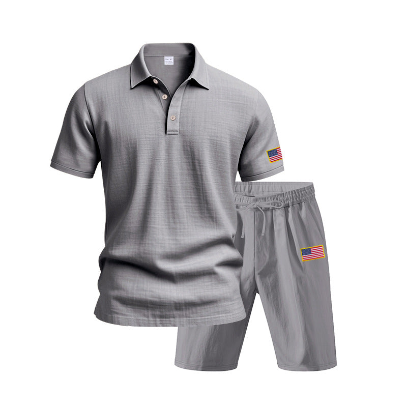Herren Polo- und Shorts-Set mit gesticktem Länderflaggen-Motiv R&B