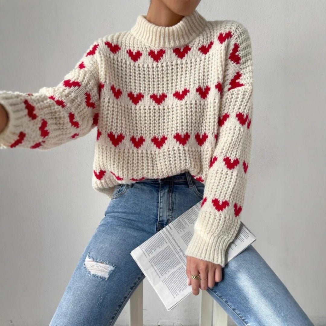Damen Grobstrickpullover mit Herzmuster und Rollkragen R&B