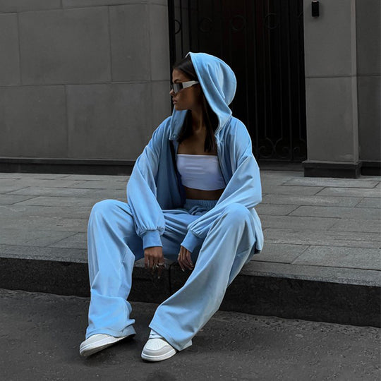 Damen sportliches Fleece-Jogginganzug mit Kapuze und weitem Schnitt R&B