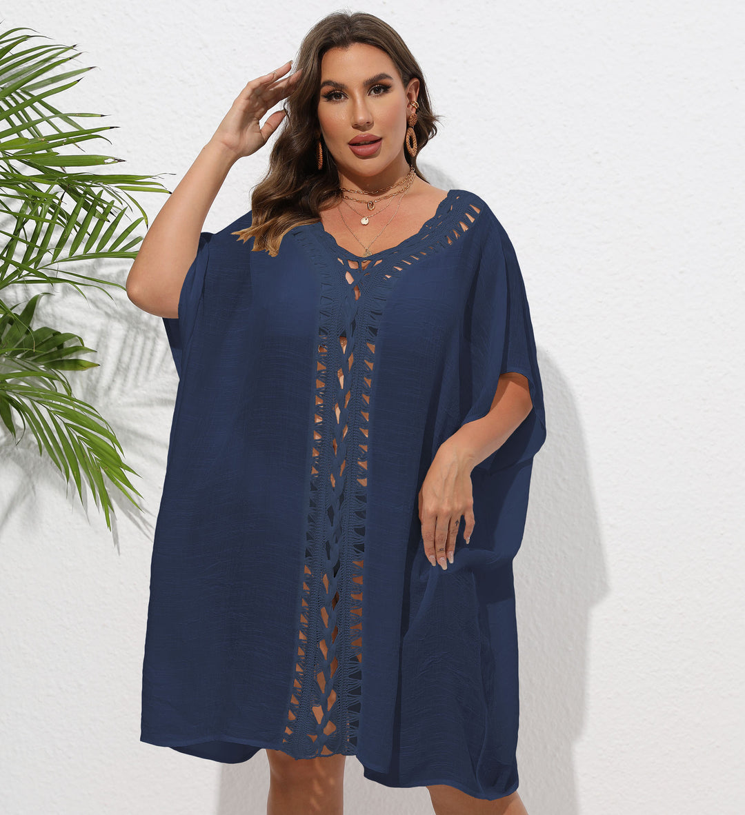 Damen Luftiger Strandkimono mit dekorativer Häkelspitze R&B