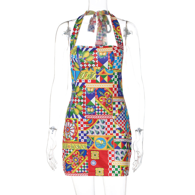 Damen Buntes Kochkleid mit Halterneck und verspielten Mustern R&B
