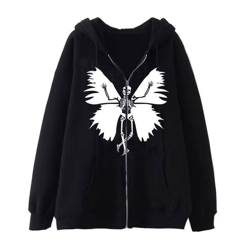 Damen Zip-Hoodie mit einzigartigem Skelett- und Schmetterlingsmotiv