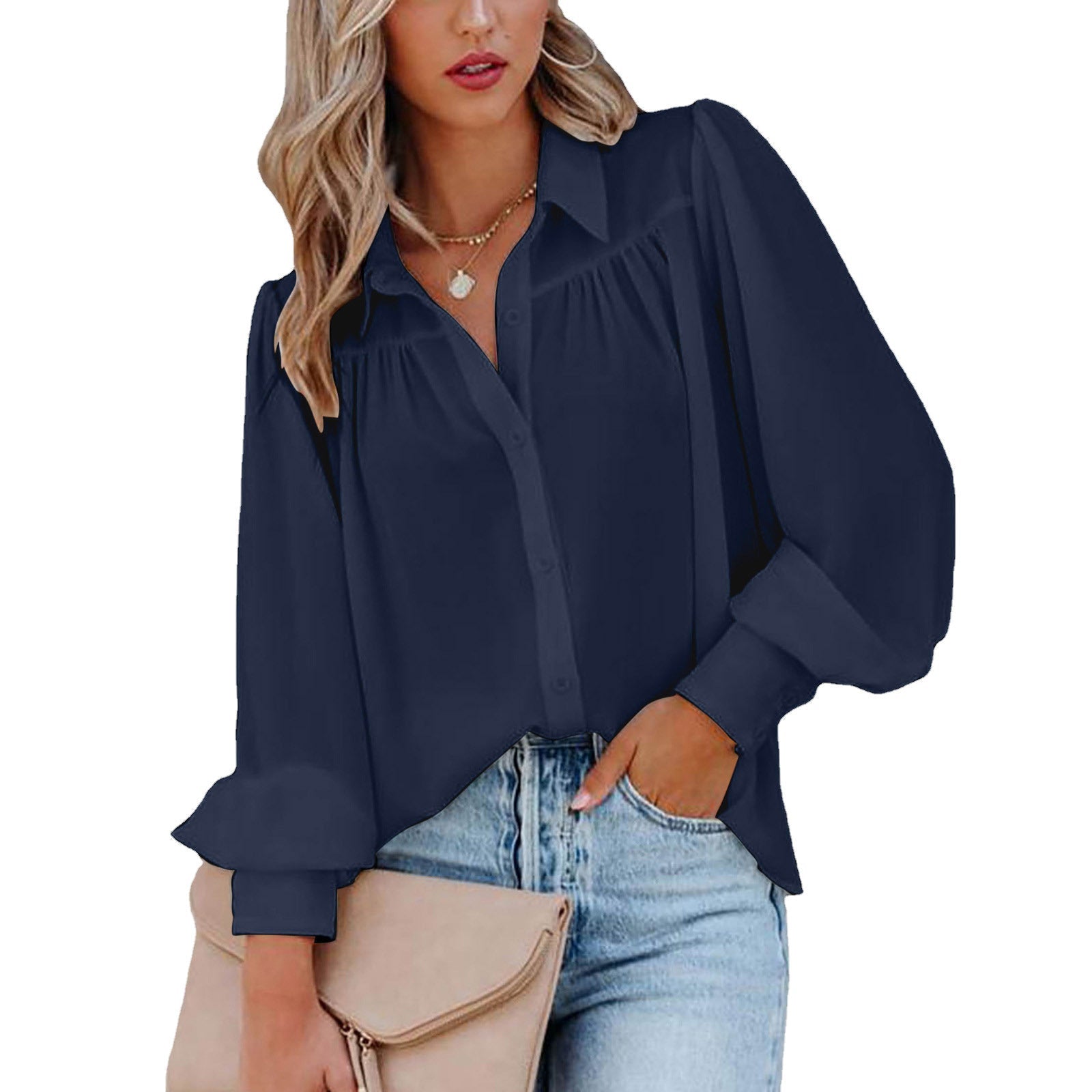 Damen Bluse mit femininen Rüschendetails und lockeren Ärmeln R&B
