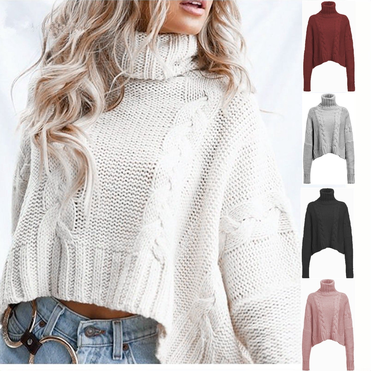 Damen Grobstrickpullover mit hohem Kragen und einzigartigem Zopfdesign R&B