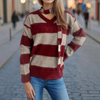 Damen lässiger Strickpullover mit modernem Streifenmuster und dekorativem Schal R&B