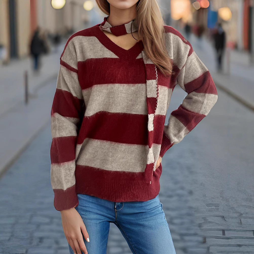 Damen lässiger Strickpullover mit modernem Streifenmuster und dekorativem Schal R&B
