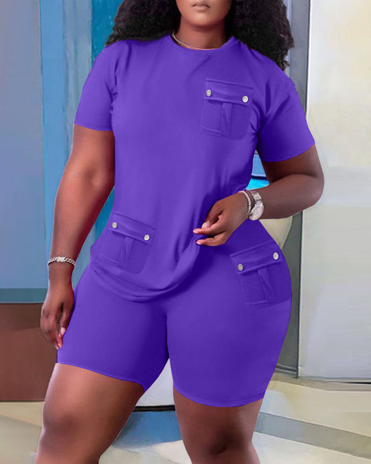 Damen Sportliches Oberteil und Shorts Set mit praktischen Taschen R&B
