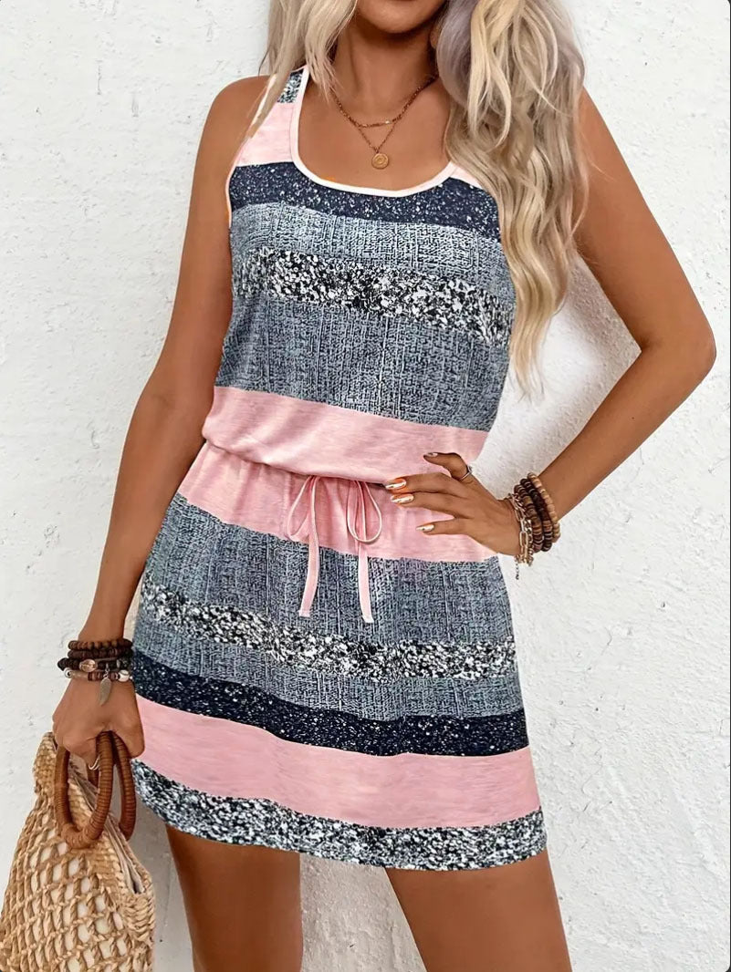 Damen Freizeitkleid mit dekorativem Kordelzug und modischem Streifenmuster R&B