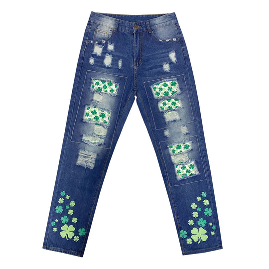 Damen Jeanshose mit fröhlichen Kleeblatt-Prints und modischen Destroyed-Details R&B