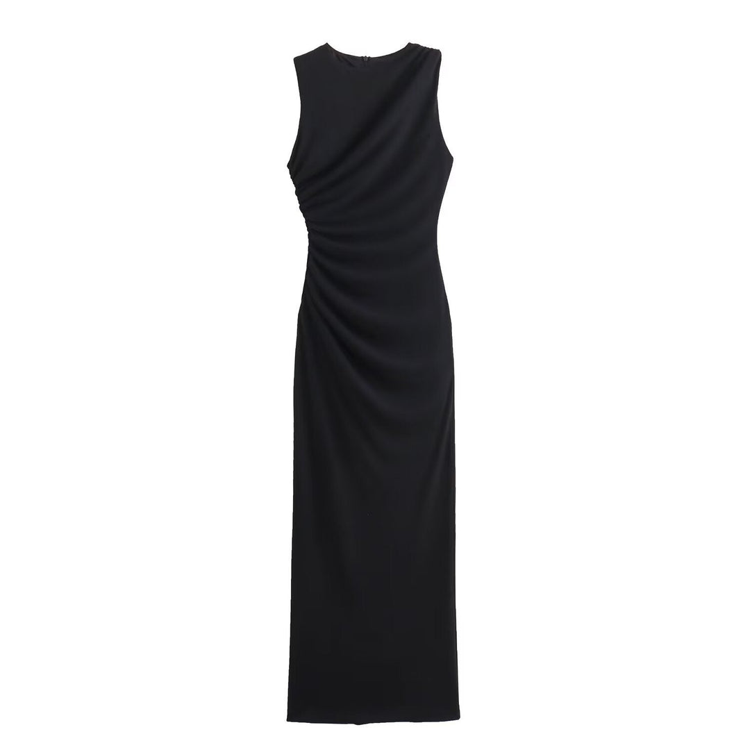 R&B | Einfarbiges Rundhalsausschnitt Ärmelloses Faltendes Slim Fit Kleid