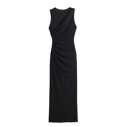 R&B | Einfarbiges Rundhalsausschnitt Ärmelloses Faltendes Slim Fit Kleid
