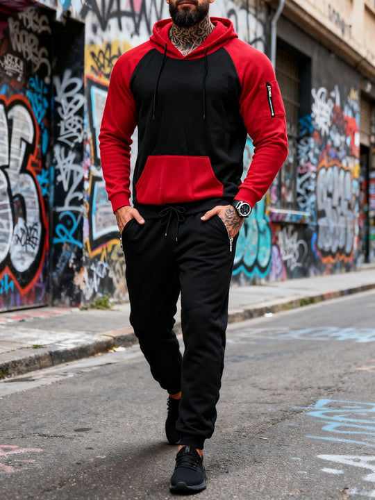 Herren nan zweiteiliges Kapuzen-Sweatset mit Raglanärmeln, Ärmel-Zip-Tasche und tapered Jogginghose R&B