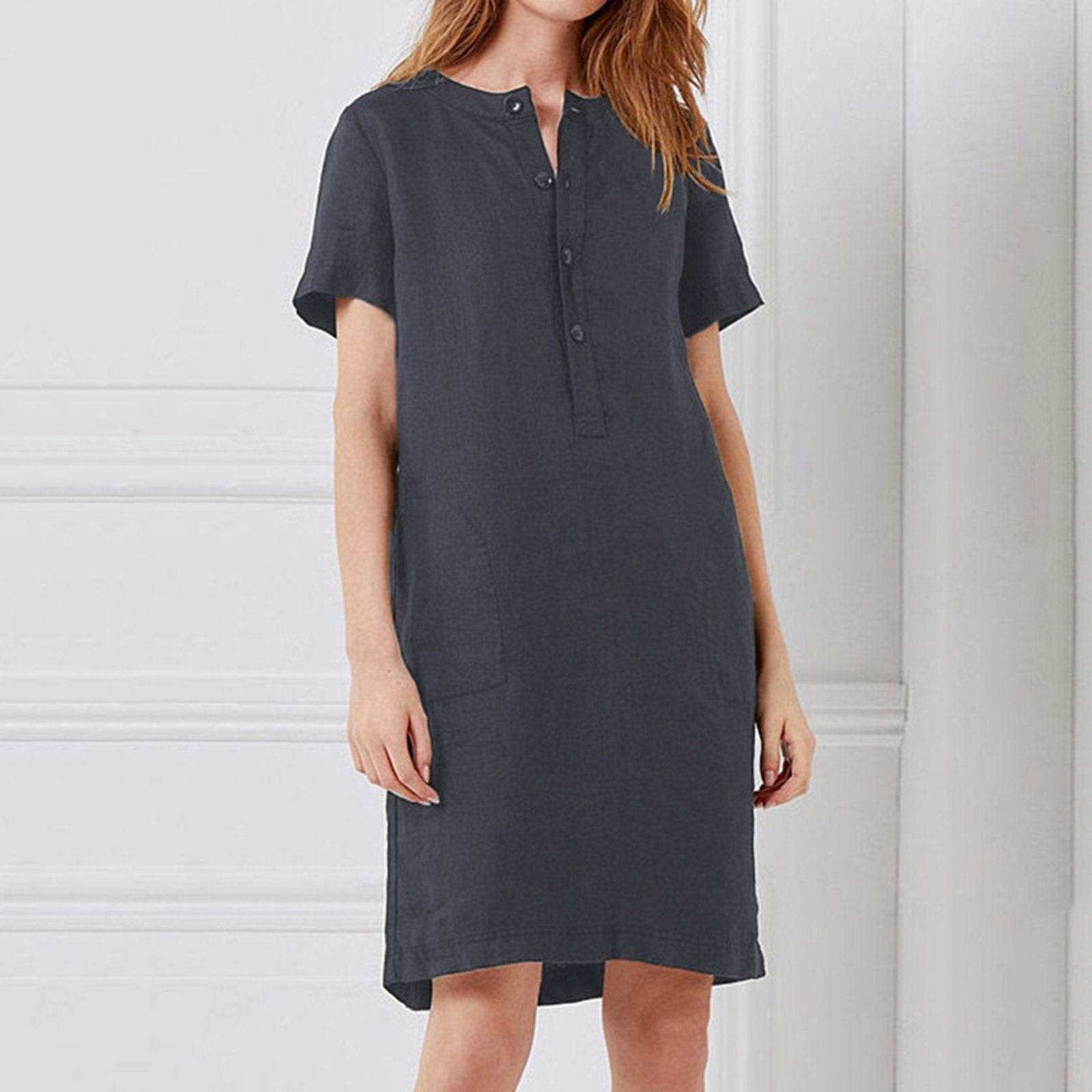 Damen lässiges Leinenkleid mit Knopfleiste und praktischen Taschen R&B