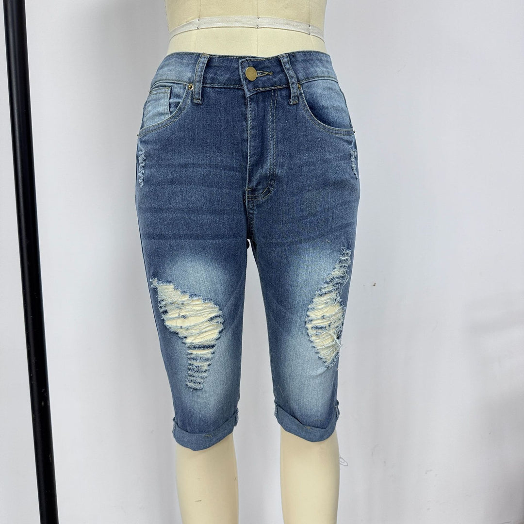 Damen Modische Destroyed Denim-Shorts mit Hohem Bund und Aufgerissenen Details R&B