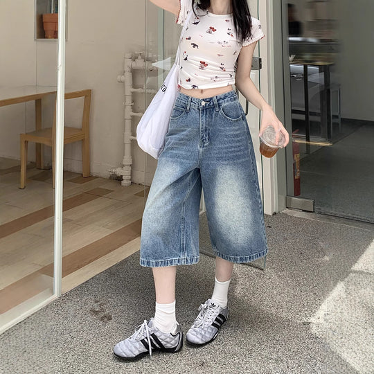 Damen Weite Denim-Culotte-Shorts mit hohem Bund und lässigem Design R&B