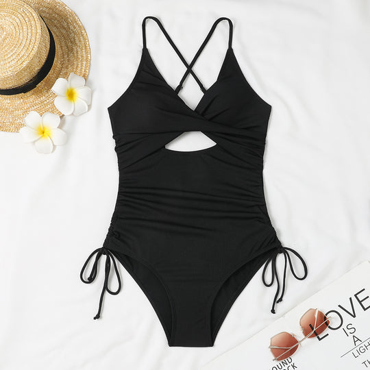 Damen Einteiler Badeanzug mit raffiniertem Wickeldesign und modischem Cut-Out R&B