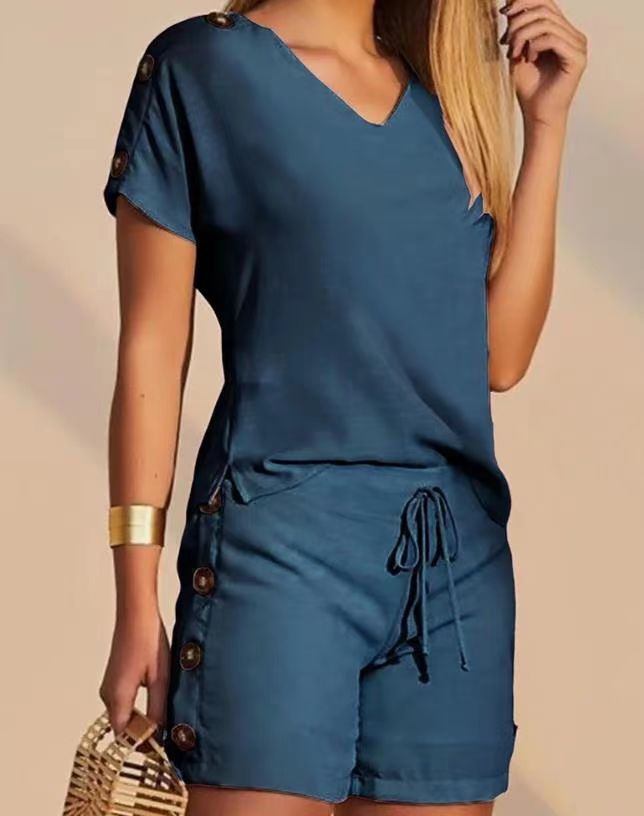 Damen lässiger Shorts-Set mit Knopfdetail und V-Ausschnitt R&B