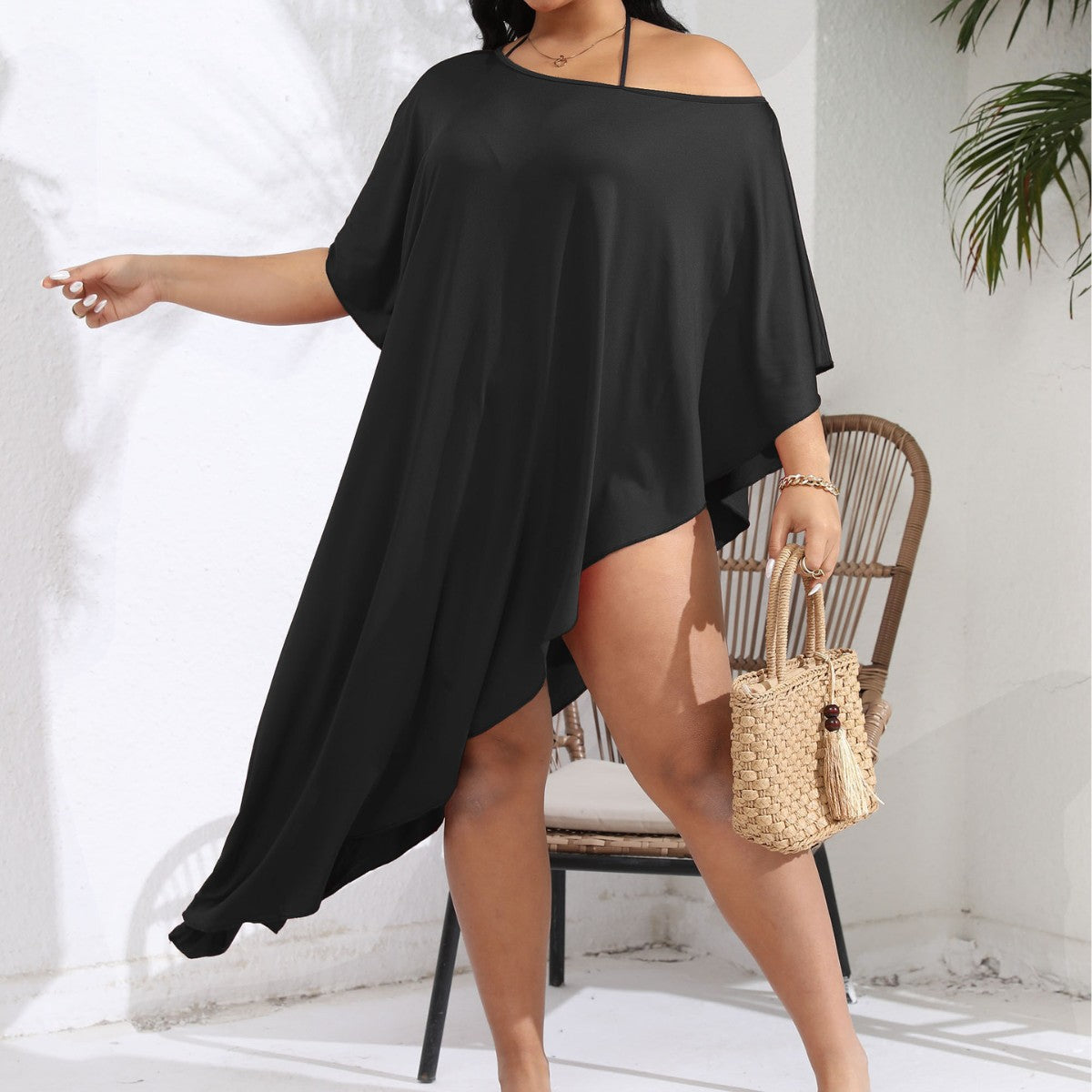 Damen luftiger Strandüberwurf mit elegantem asymmetrischen Schnitt R&B