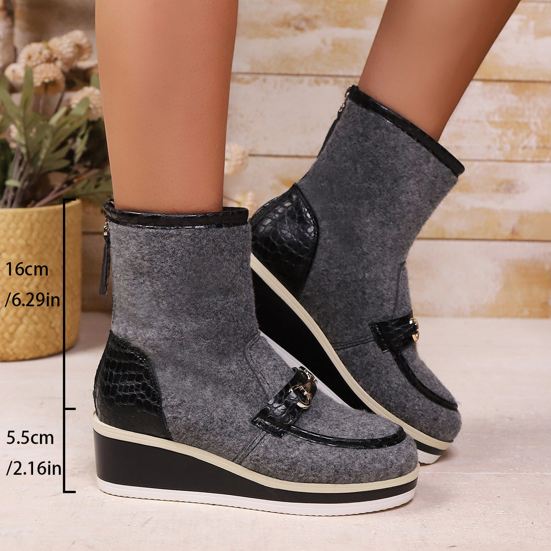 Damen Komfortable Wedge-Stiefeletten aus weichem Wollfilz mit modischem Krokodil-Detail R&B