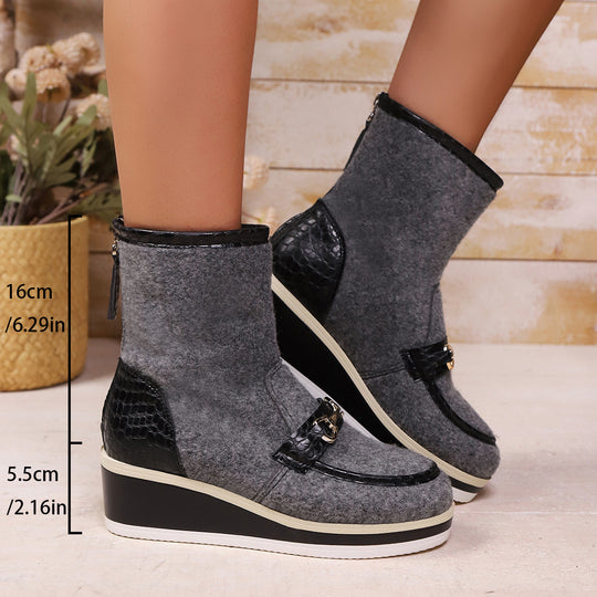 Damen Komfortable Wedge-Stiefeletten aus weichem Wollfilz mit modischem Krokodil-Detail R&B